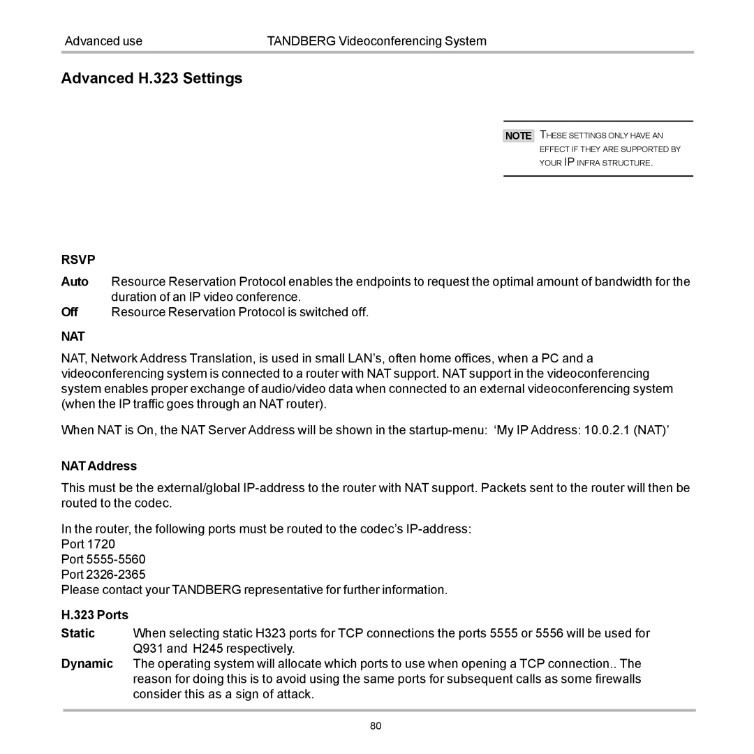 TANDBERG D12155-10 user manual Advanced H.323 Settings, Rsvp 