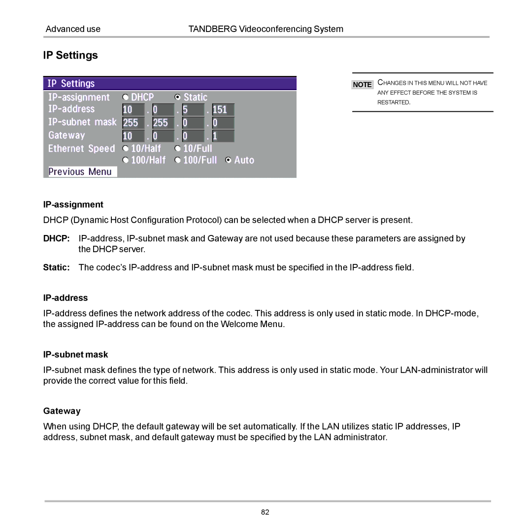 TANDBERG D12155-10 user manual IP Settings 