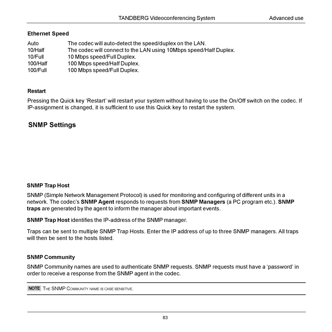 TANDBERG D12155-10 user manual Snmp Settings 