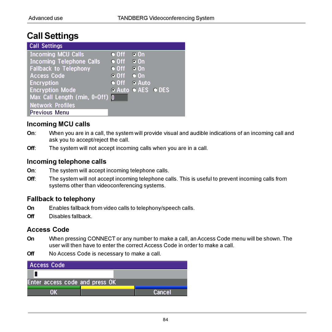 TANDBERG D12155-10 Call Settings, Incoming MCU calls, Incoming telephone calls, Fallback to telephony, Access Code 