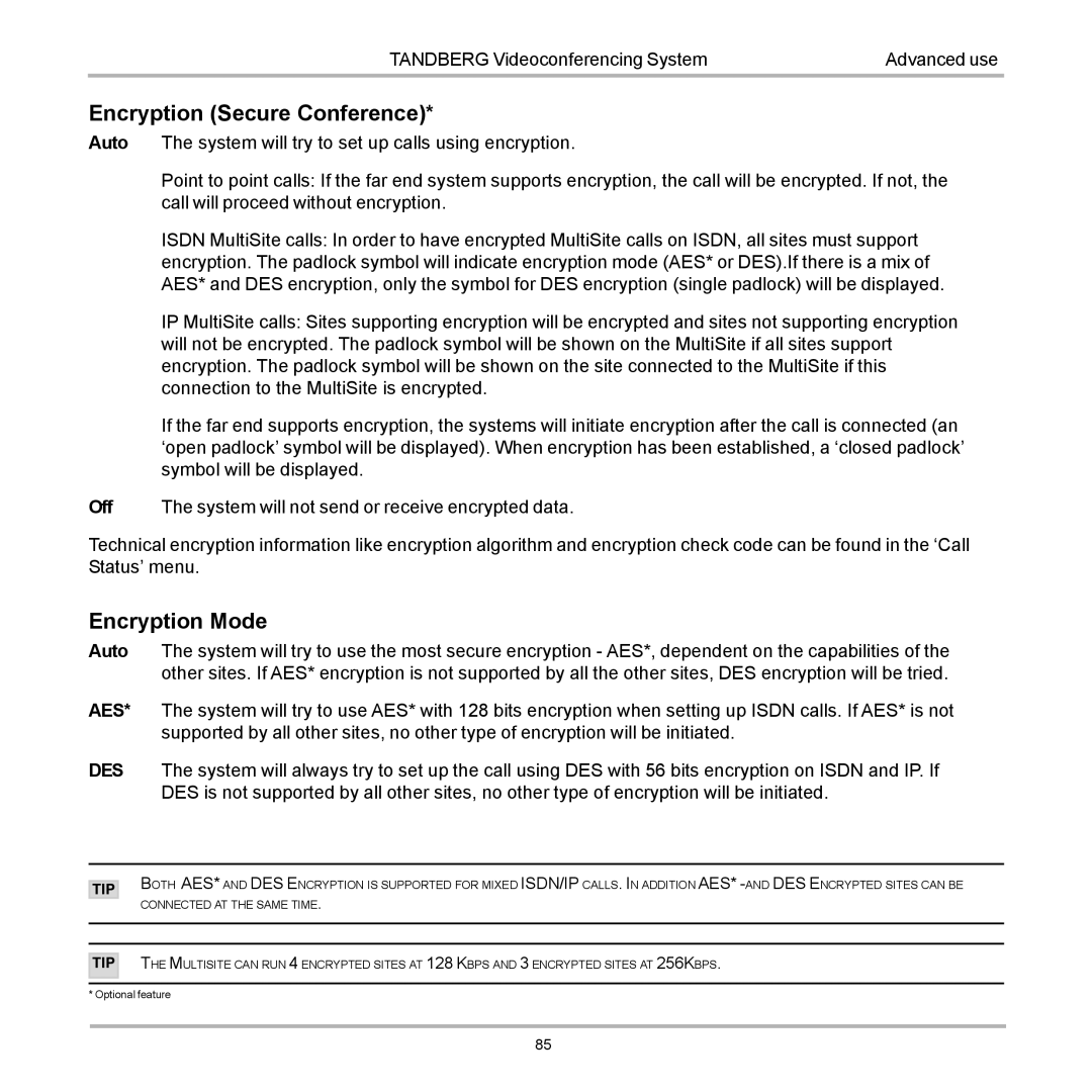 TANDBERG D12155-10 user manual Encryption Secure Conference, Encryption Mode 