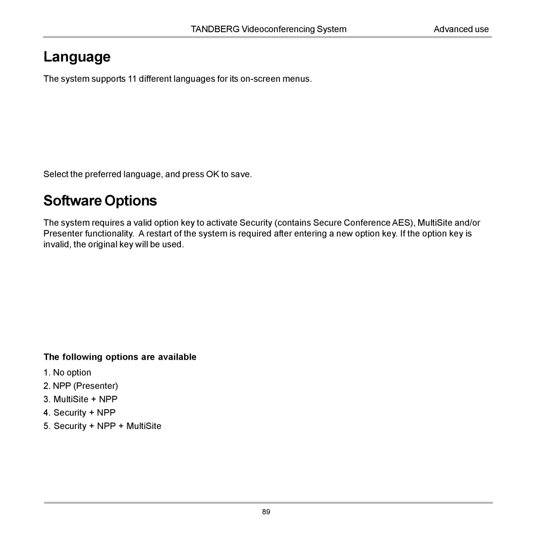 TANDBERG D12155-10 user manual Language, Software Options 