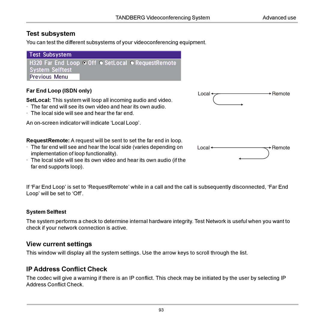 TANDBERG D12155-10 user manual Test subsystem, View current settings, IP Address Conflict Check 