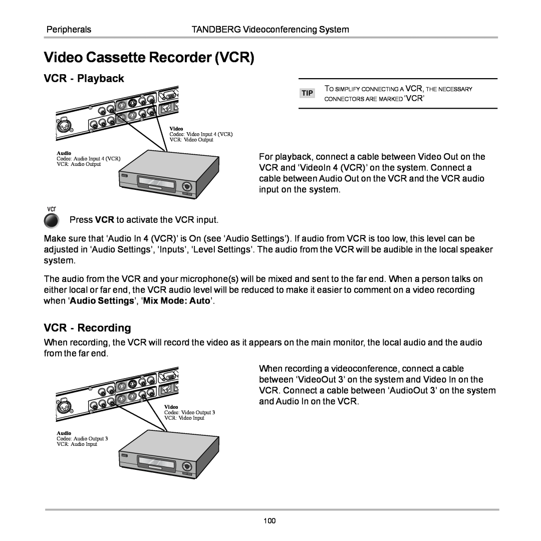 TANDBERG D12155-10 user manual Video Cassette Recorder VCR, VCR - Playback, VCR - Recording 
