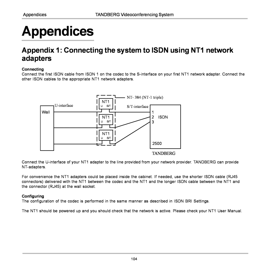 TANDBERG D12155-10 user manual Appendices, Appendix 1 Connecting the system to ISDN using NT1 network adapters 