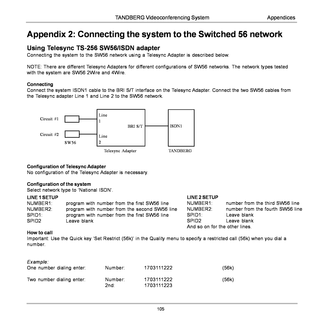 TANDBERG D12155-10 Appendix 2 Connecting the system to the Switched 56 network, Using Telesync TS-256 SW56/ISDN adapter 
