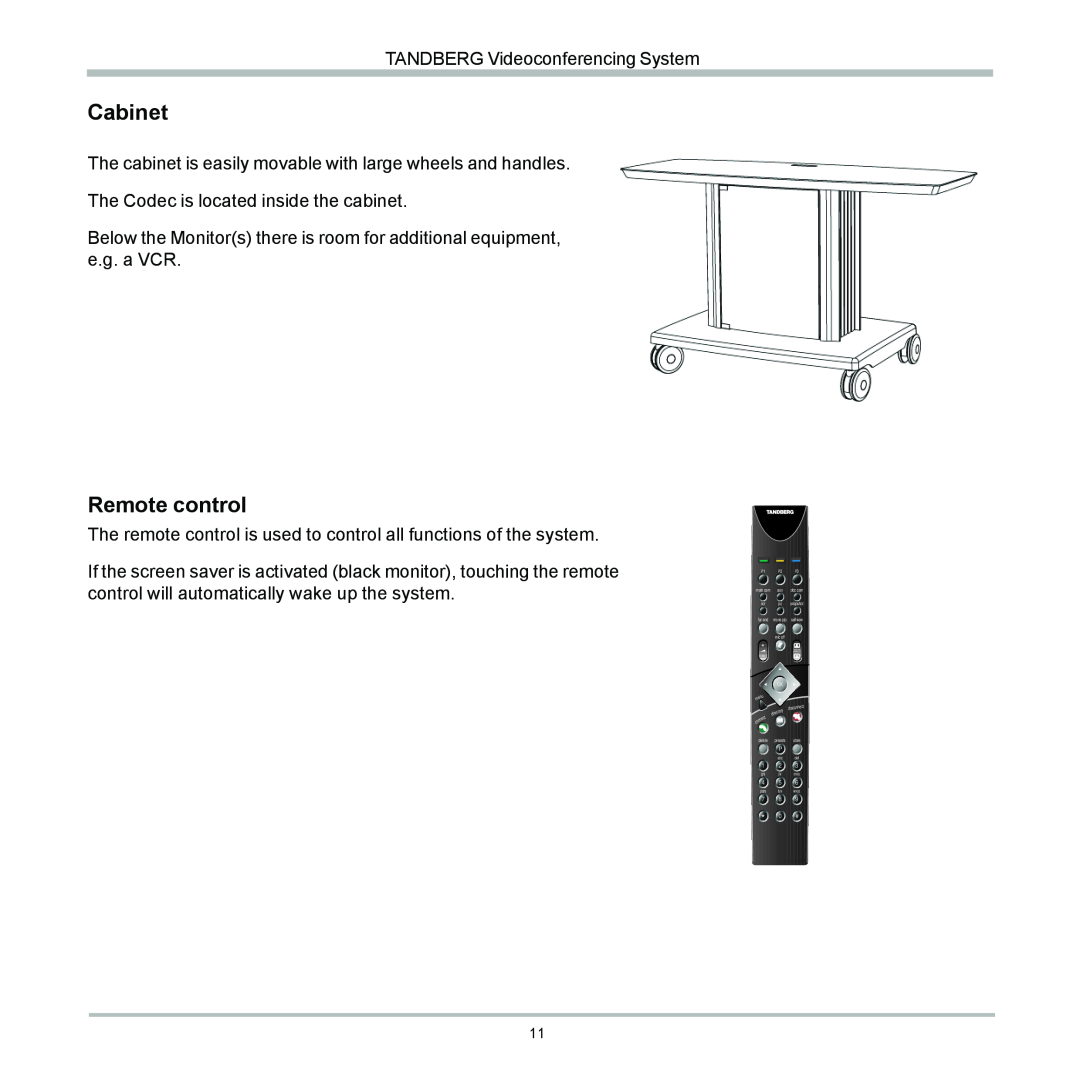 TANDBERG D12155-10 user manual Cabinet, Remote control 