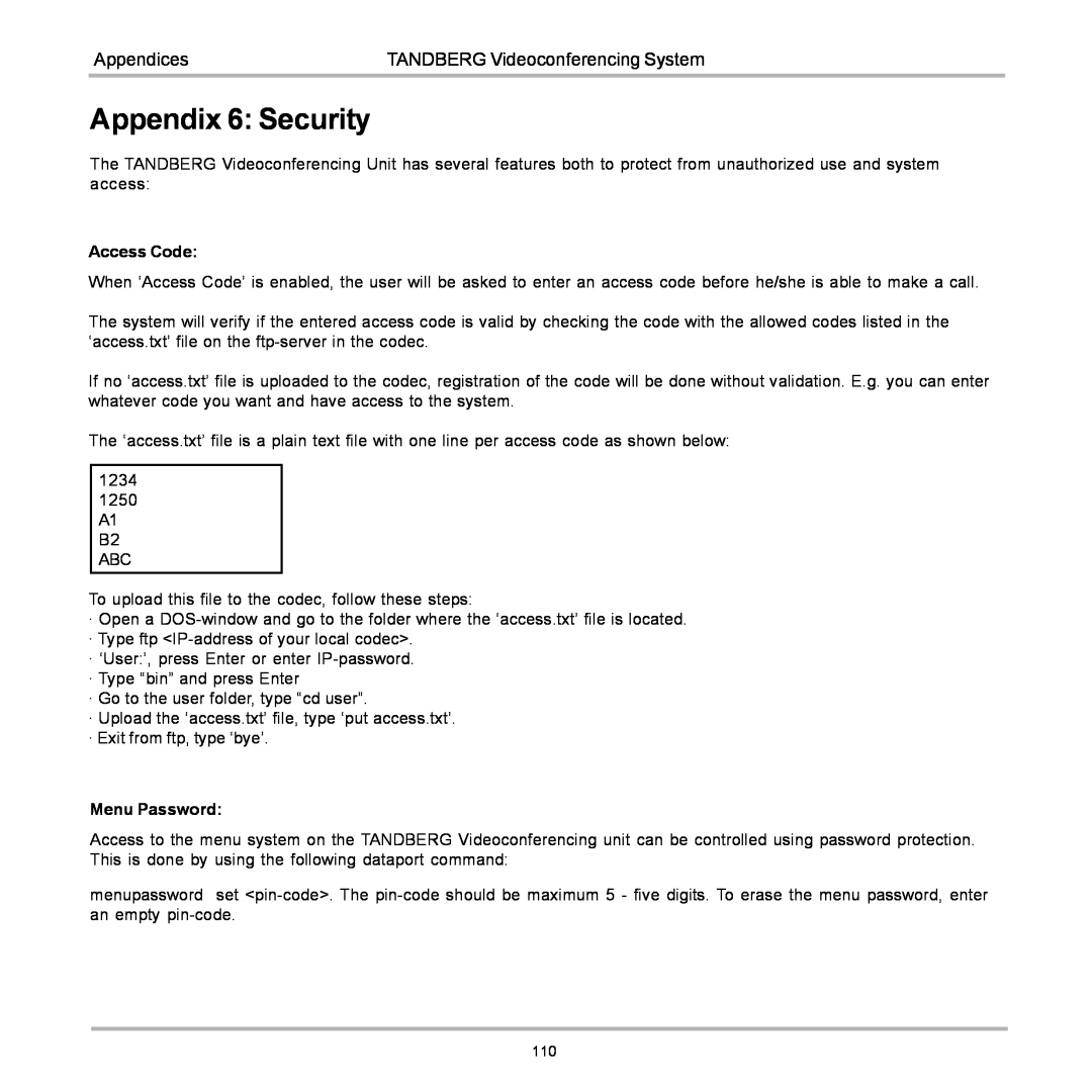 TANDBERG D12155-10 user manual Appendix 6 Security, Appendices, TANDBERG Videoconferencing System 