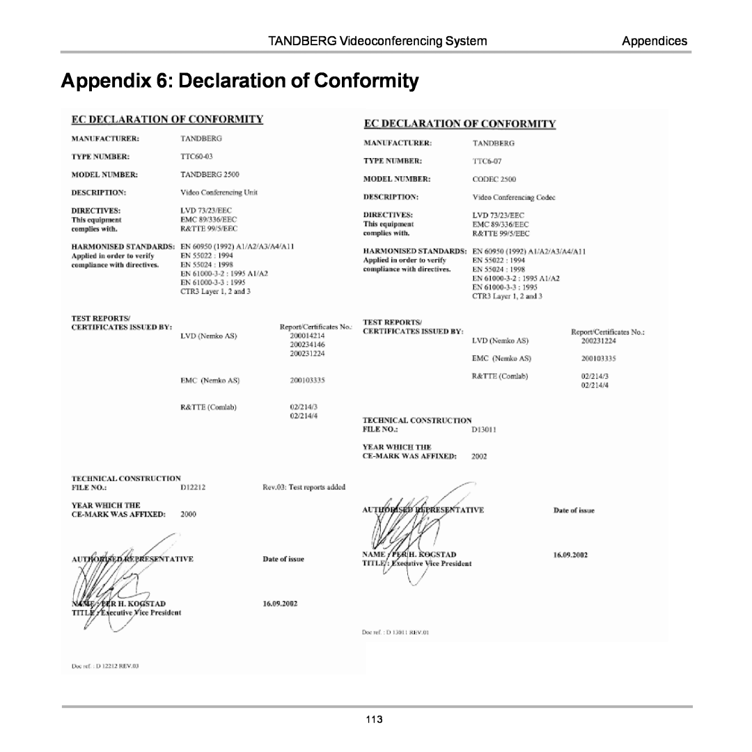 TANDBERG D12155-10 user manual Appendix 6 Declaration of Conformity, TANDBERG Videoconferencing System, Appendices 
