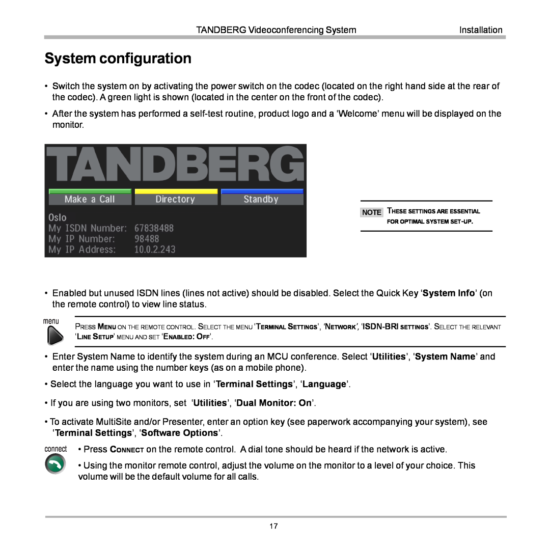 TANDBERG D12155-10 user manual System configuration, menu 