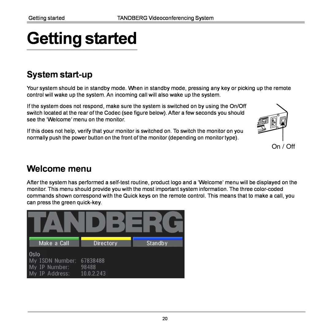 TANDBERG D12155-10 user manual Getting started, System start-up, Welcome menu 