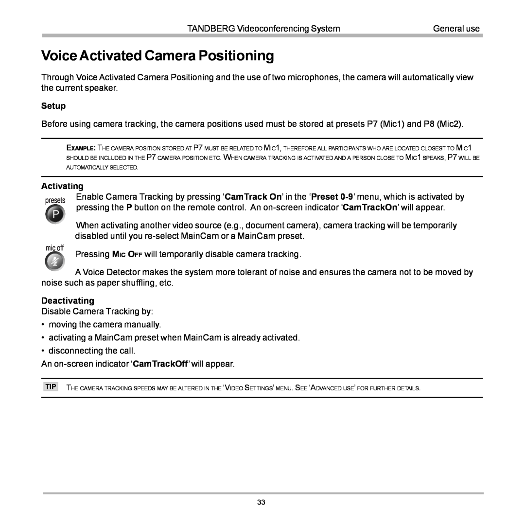 TANDBERG D12155-10 user manual Voice Activated Camera Positioning 