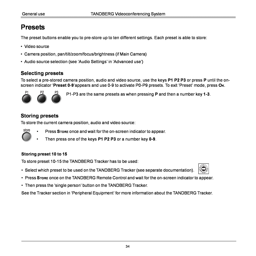 TANDBERG D12155-10 user manual Presets, Selecting presets, Storing presets 