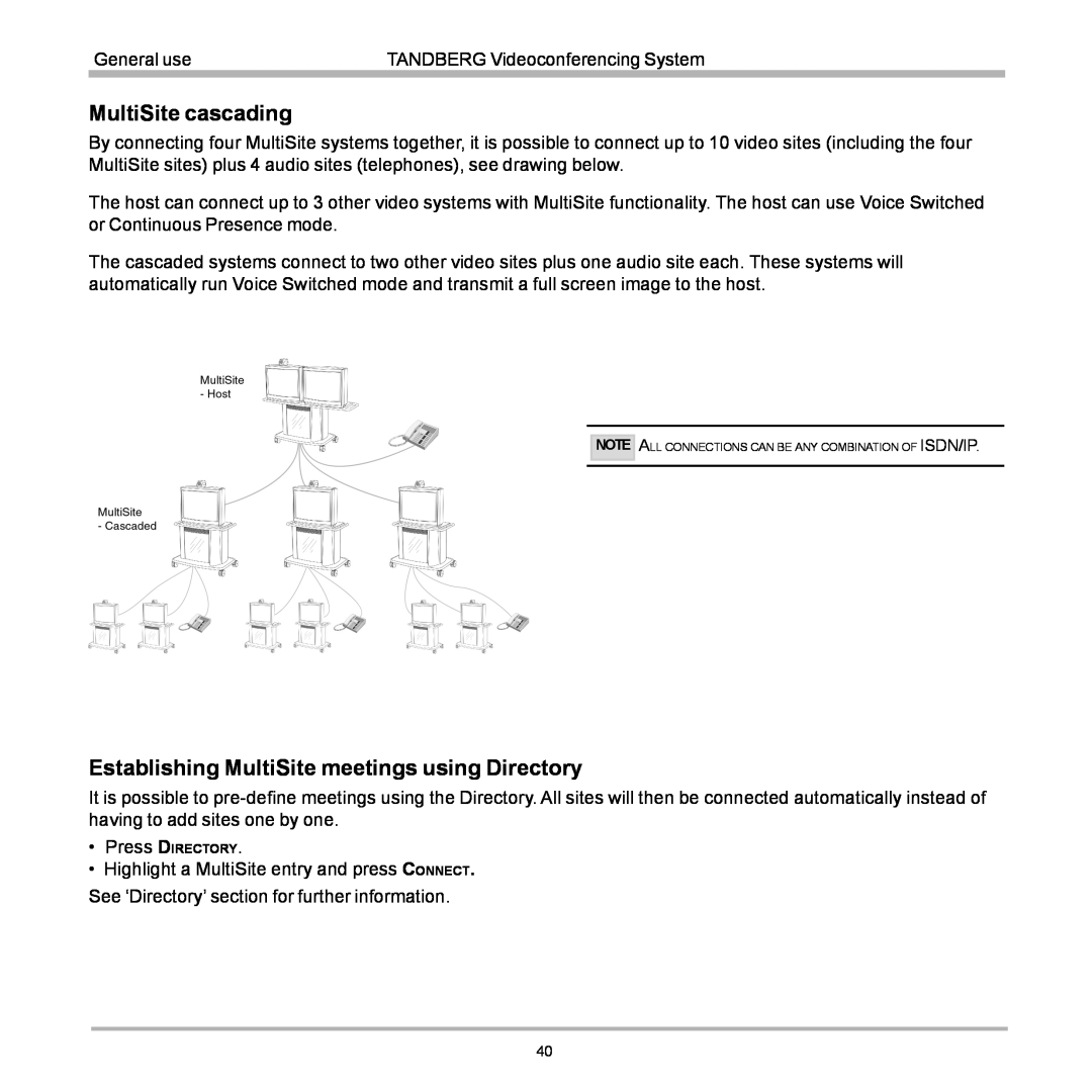 TANDBERG D12155-10 user manual MultiSite cascading, Establishing MultiSite meetings using Directory 