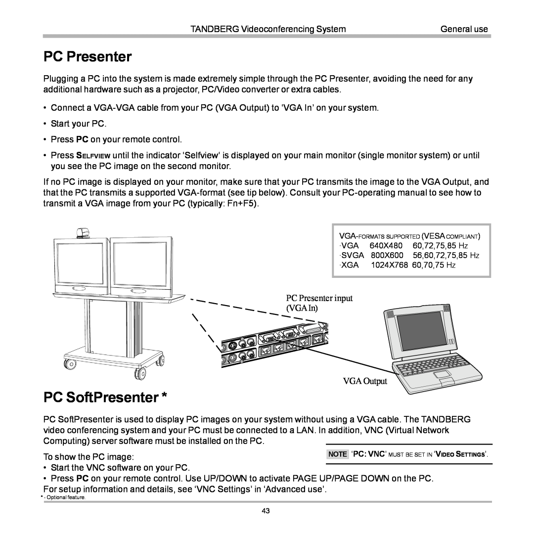 TANDBERG D12155-10 user manual PC Presenter, PC SoftPresenter, ·Vga, 640X480, 60,72,75,85 H Z, ·Svga, 800X600, ·Xga 