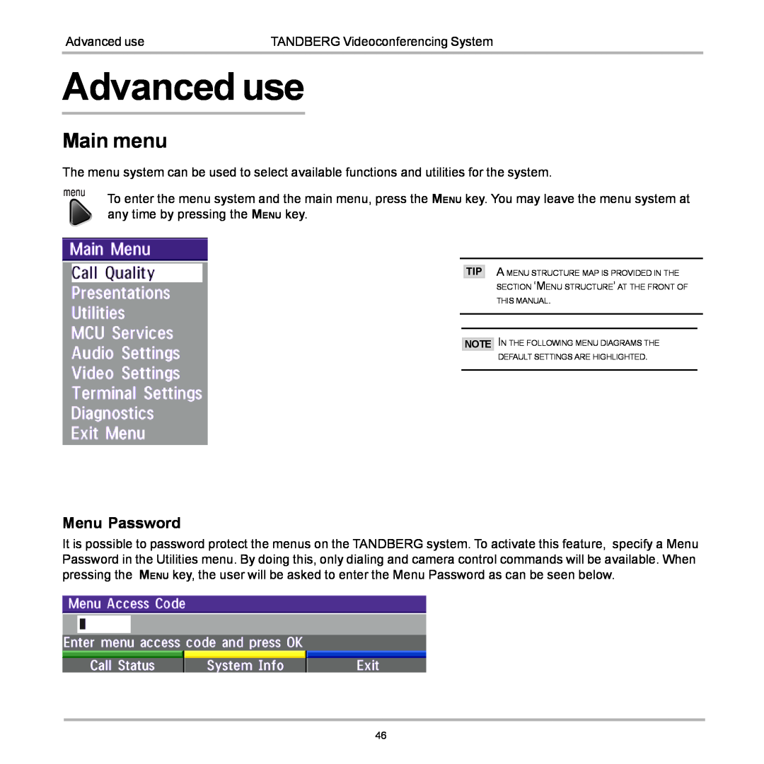 TANDBERG D12155-10 user manual Advanced use, Main menu, Menu Password 