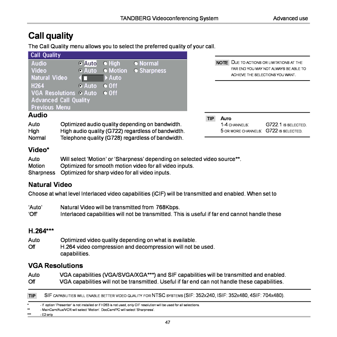 TANDBERG D12155-10 user manual Call quality, Audio, Natural Video, H.264, VGA Resolutions 
