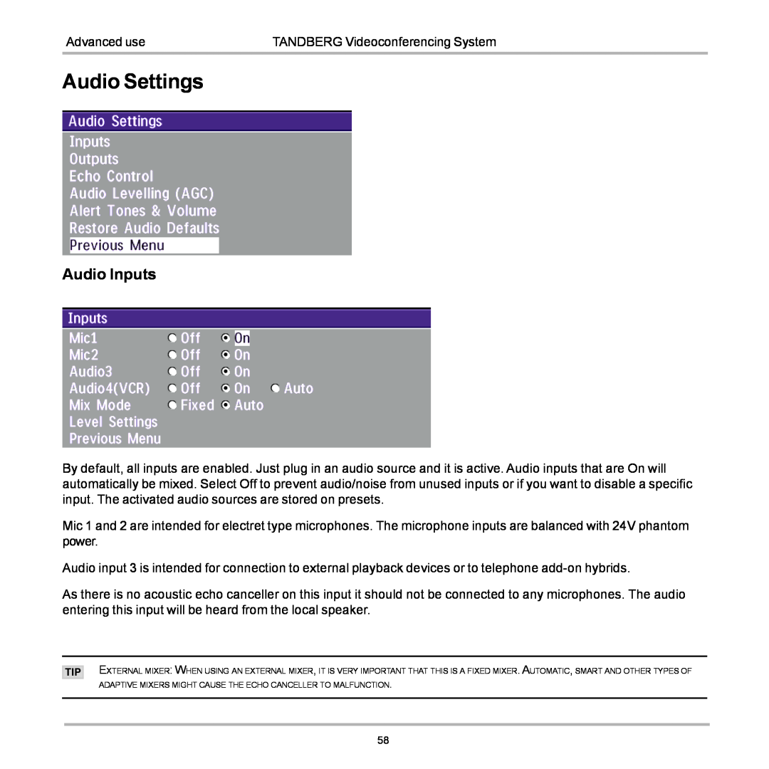 TANDBERG D12155-10 user manual Audio Settings, Audio Inputs 