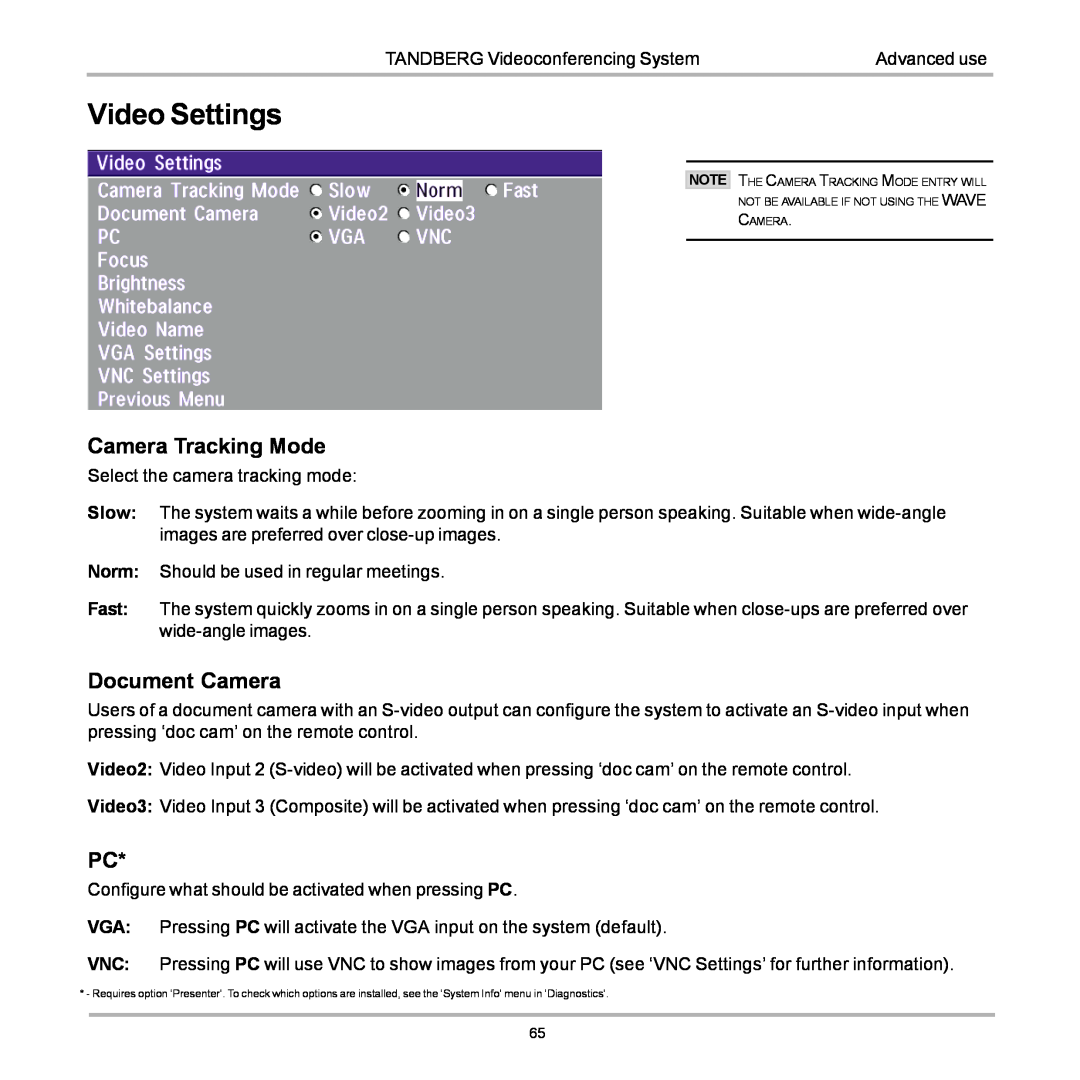 TANDBERG D12155-10 user manual Video Settings, Camera Tracking Mode, Document Camera 