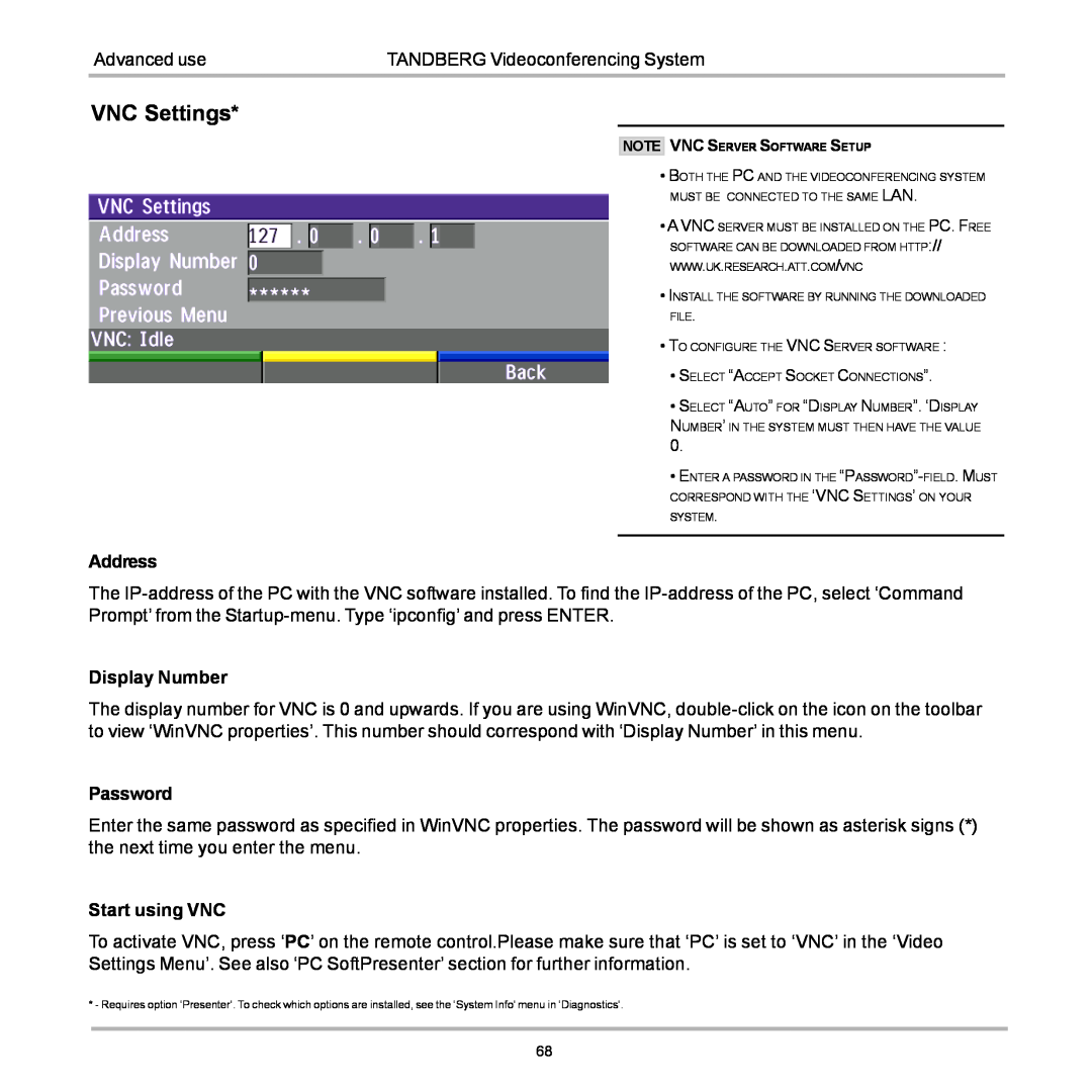 TANDBERG D12155-10 user manual VNC Settings 
