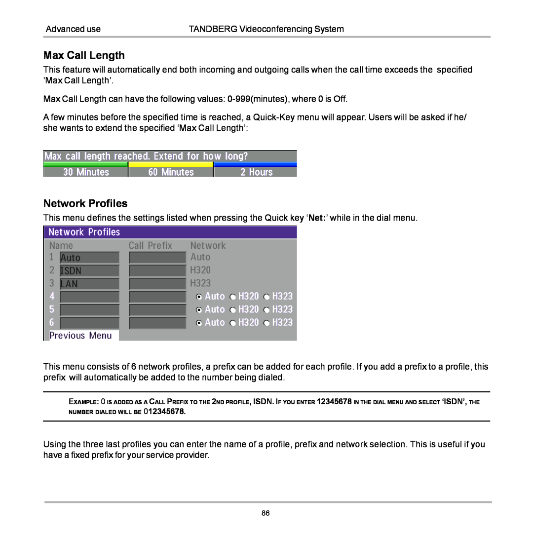TANDBERG D12155-10 user manual Max Call Length, Network Profiles 