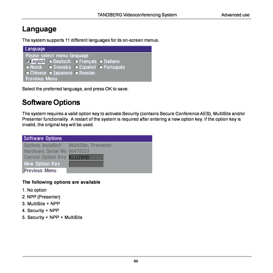 TANDBERG D12155-10 user manual Language, Software Options 