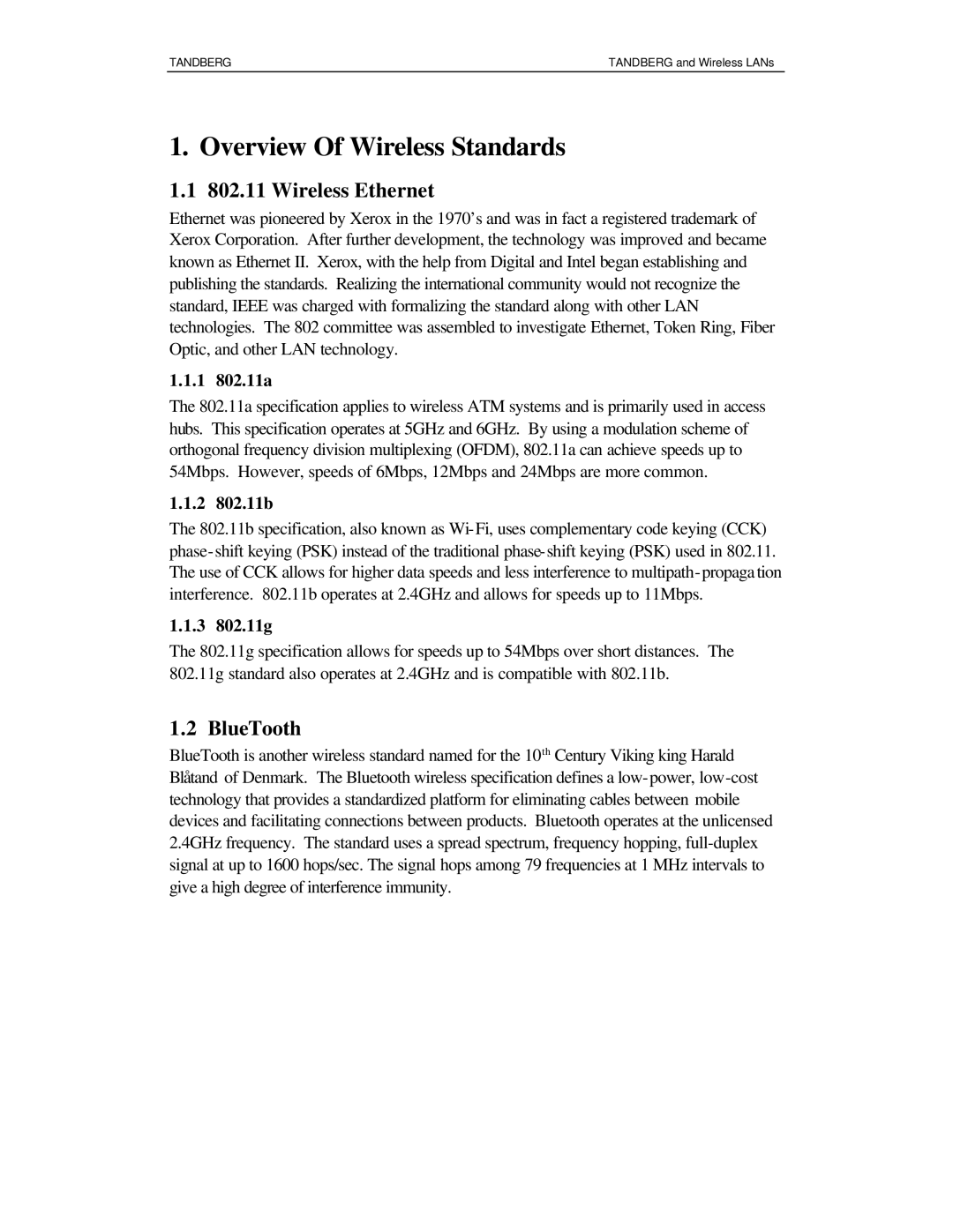 TANDBERG D12809 manual Overview Of Wireless Standards, Wireless Ethernet, BlueTooth 