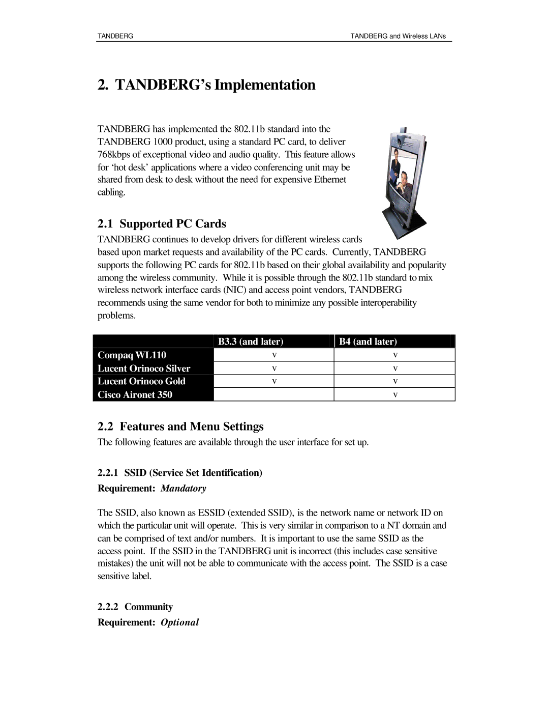 TANDBERG D12809 TANDBERG’s Implementation, Supported PC Cards, Features and Menu Settings, Community Requirement Optional 