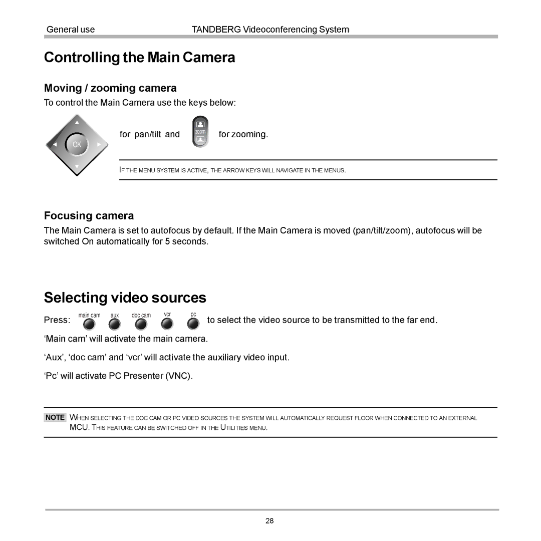 TANDBERG D12817-05 Controlling the Main Camera, Selecting video sources, Moving / zooming camera, Focusing camera 