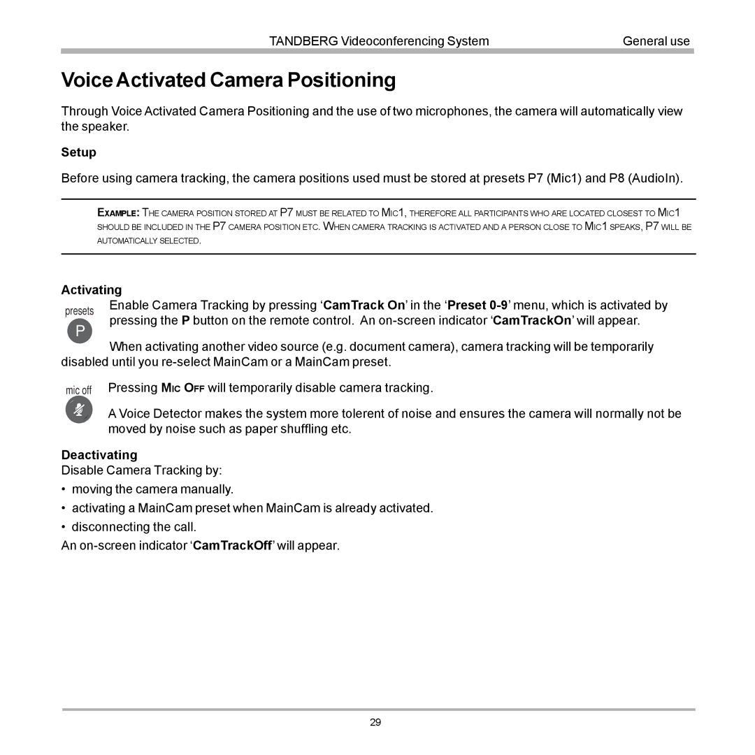 TANDBERG D12817-05 user manual Voice Activated Camera Positioning 