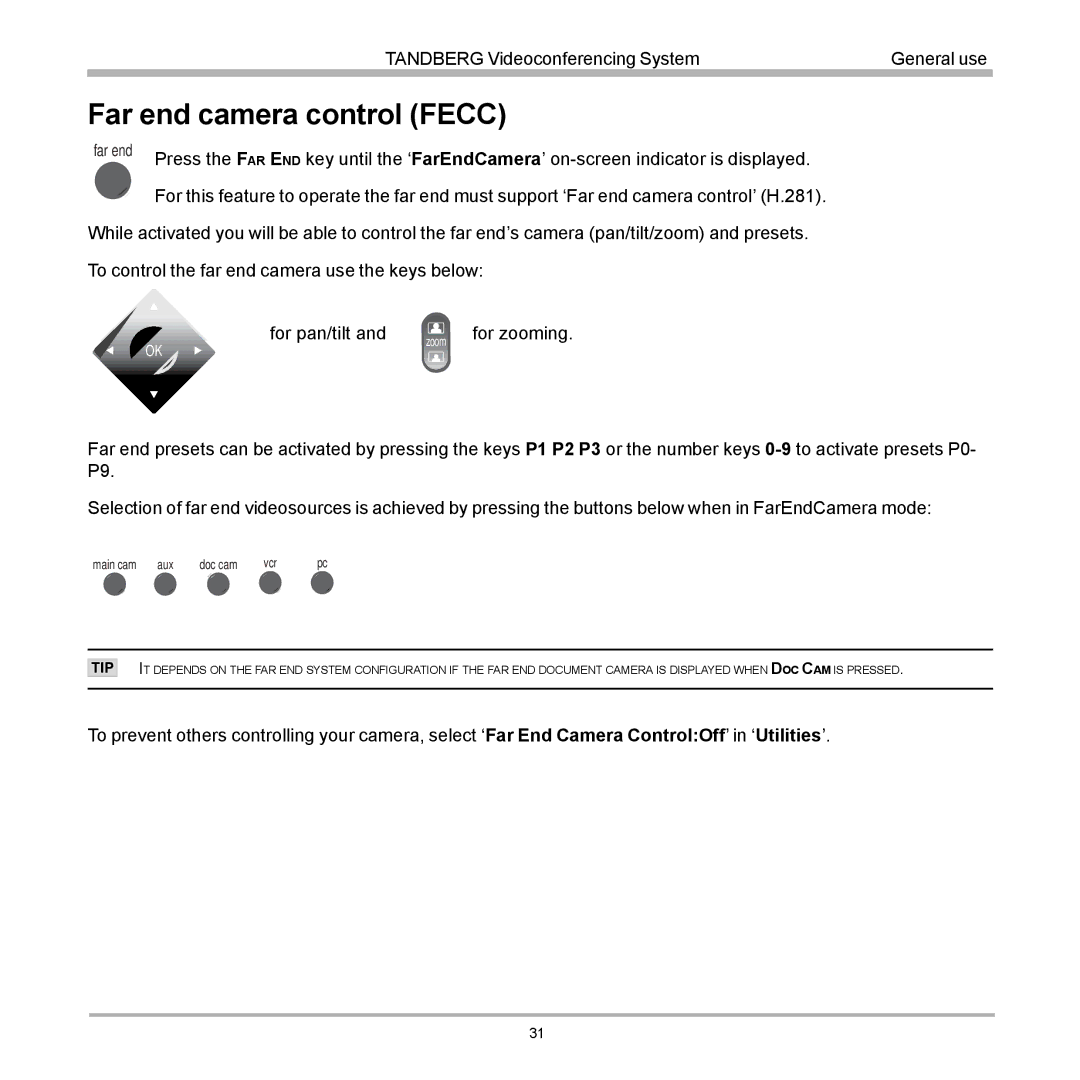 TANDBERG D12817-05 user manual Far end camera control Fecc 