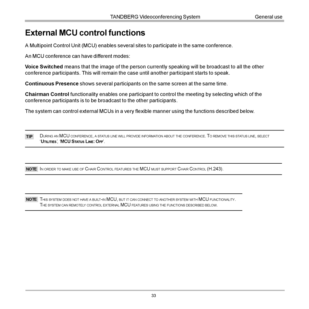 TANDBERG D12817-05 user manual External MCU control functions 