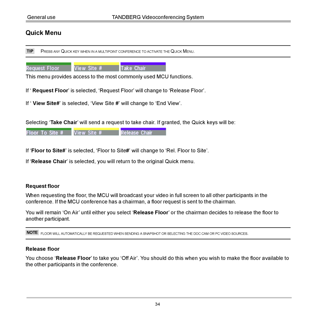 TANDBERG D12817-05 user manual Quick Menu 