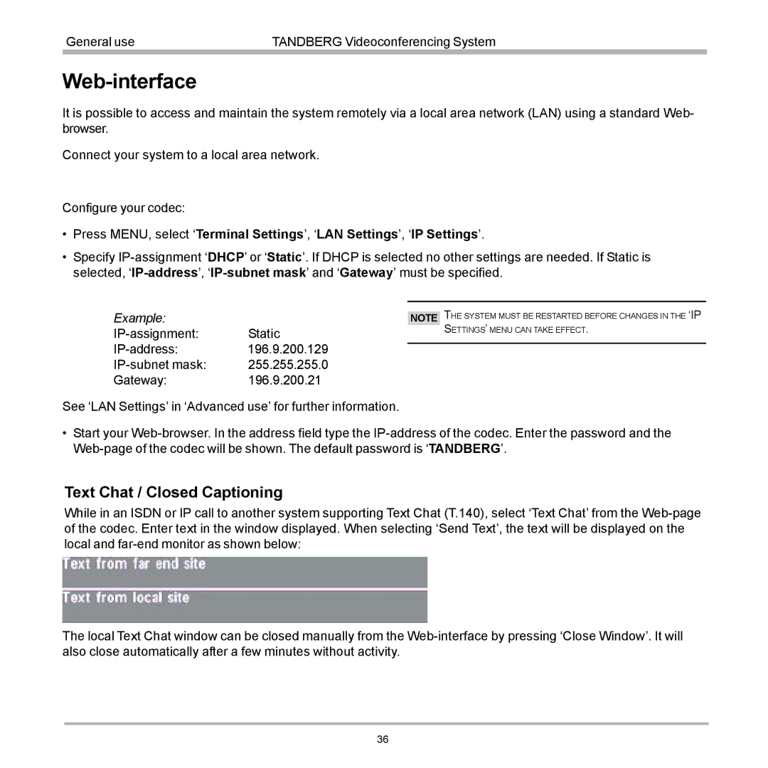 TANDBERG D12817-05 user manual Web-interface, Text Chat / Closed Captioning 