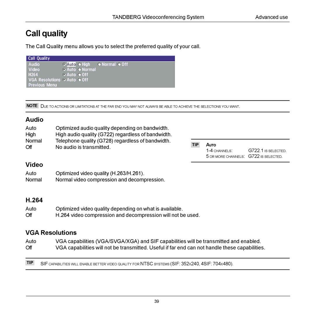 TANDBERG D12817-05 user manual Call quality, Audio, Video, 264, VGA Resolutions 