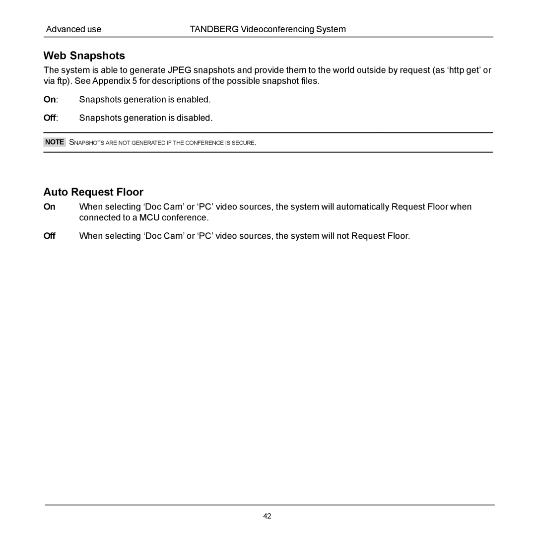 TANDBERG D12817-05 user manual Web Snapshots, Auto Request Floor 