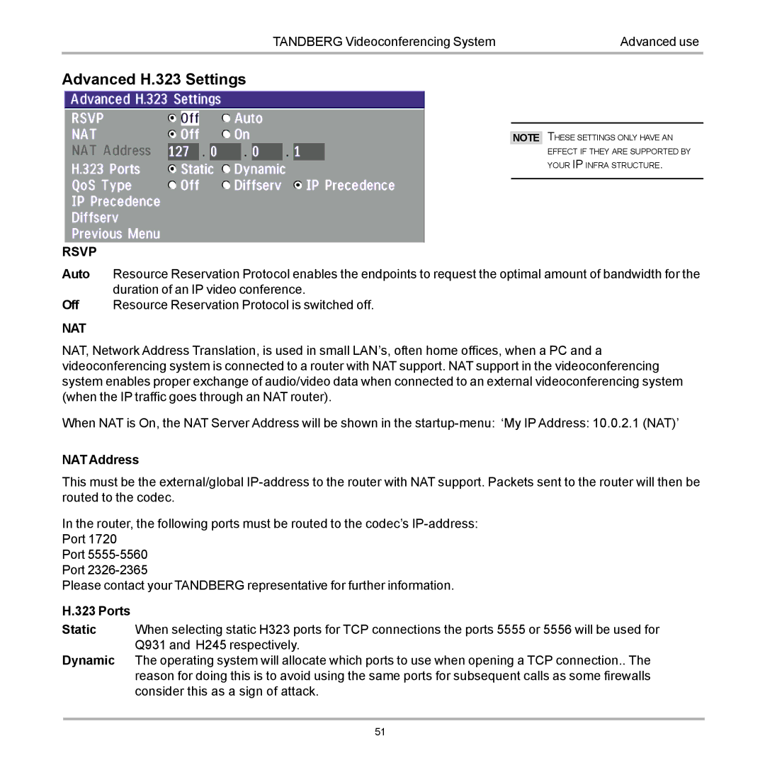 TANDBERG D12817-05 user manual Advanced H.323 Settings, Rsvp 