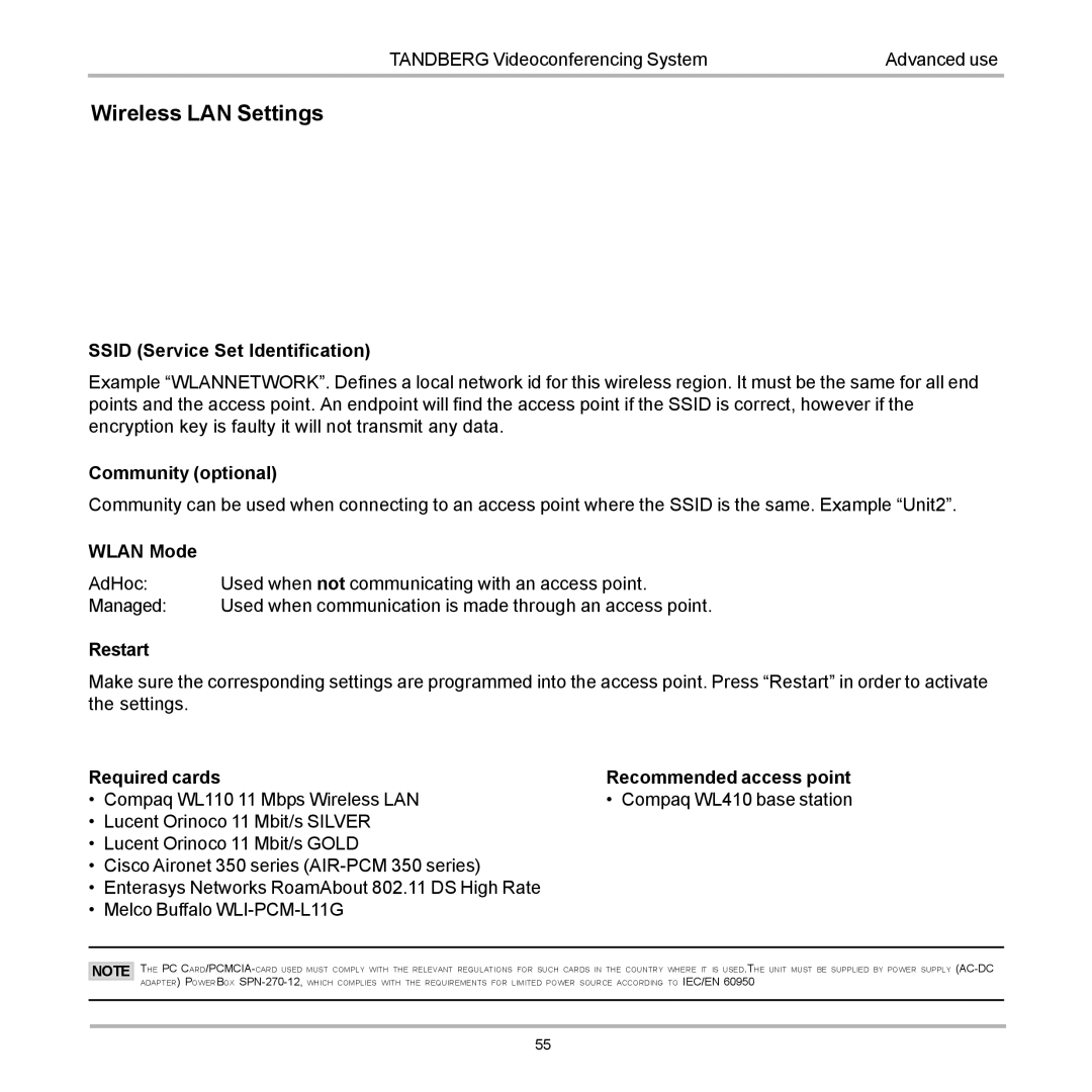 TANDBERG D12817-05 user manual Wireless LAN Settings 