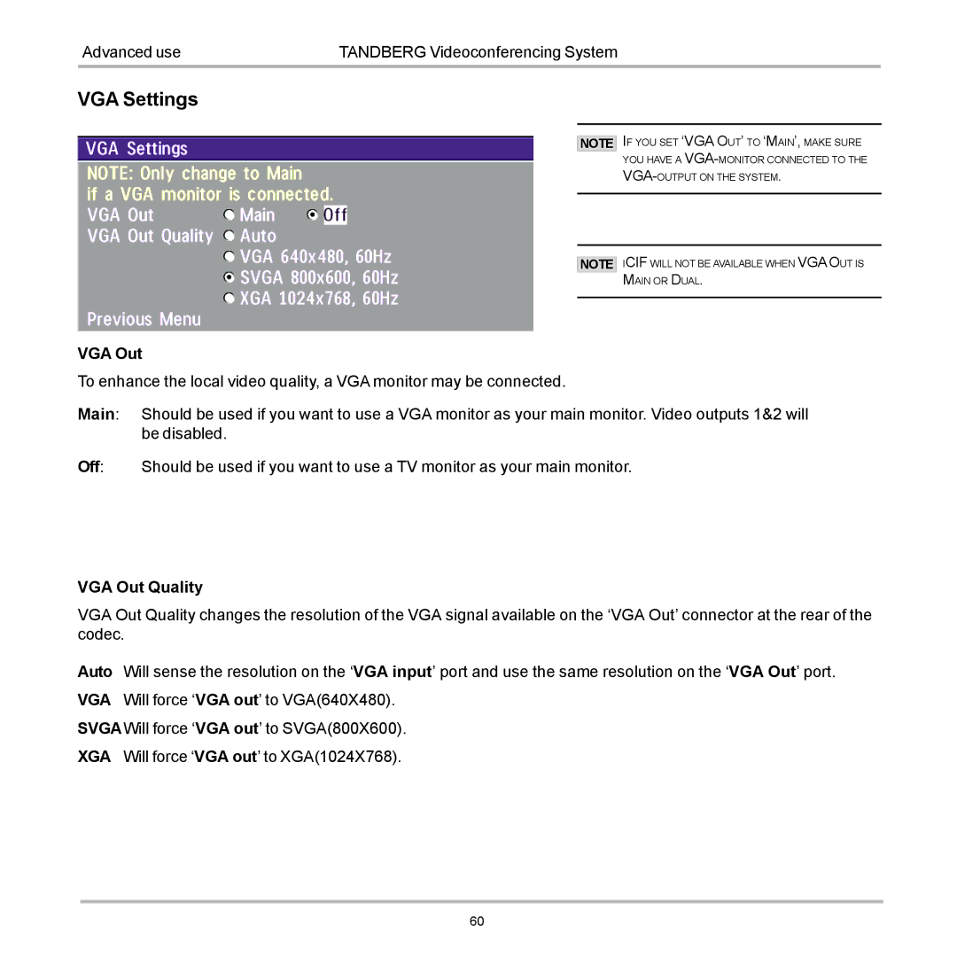 TANDBERG D12817-05 user manual VGA Settings 