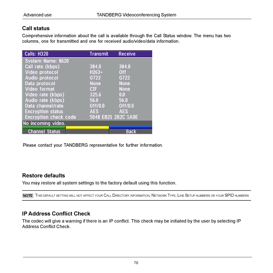 TANDBERG D12817-05 user manual Call status, Restore defaults, IP Address Conflict Check 