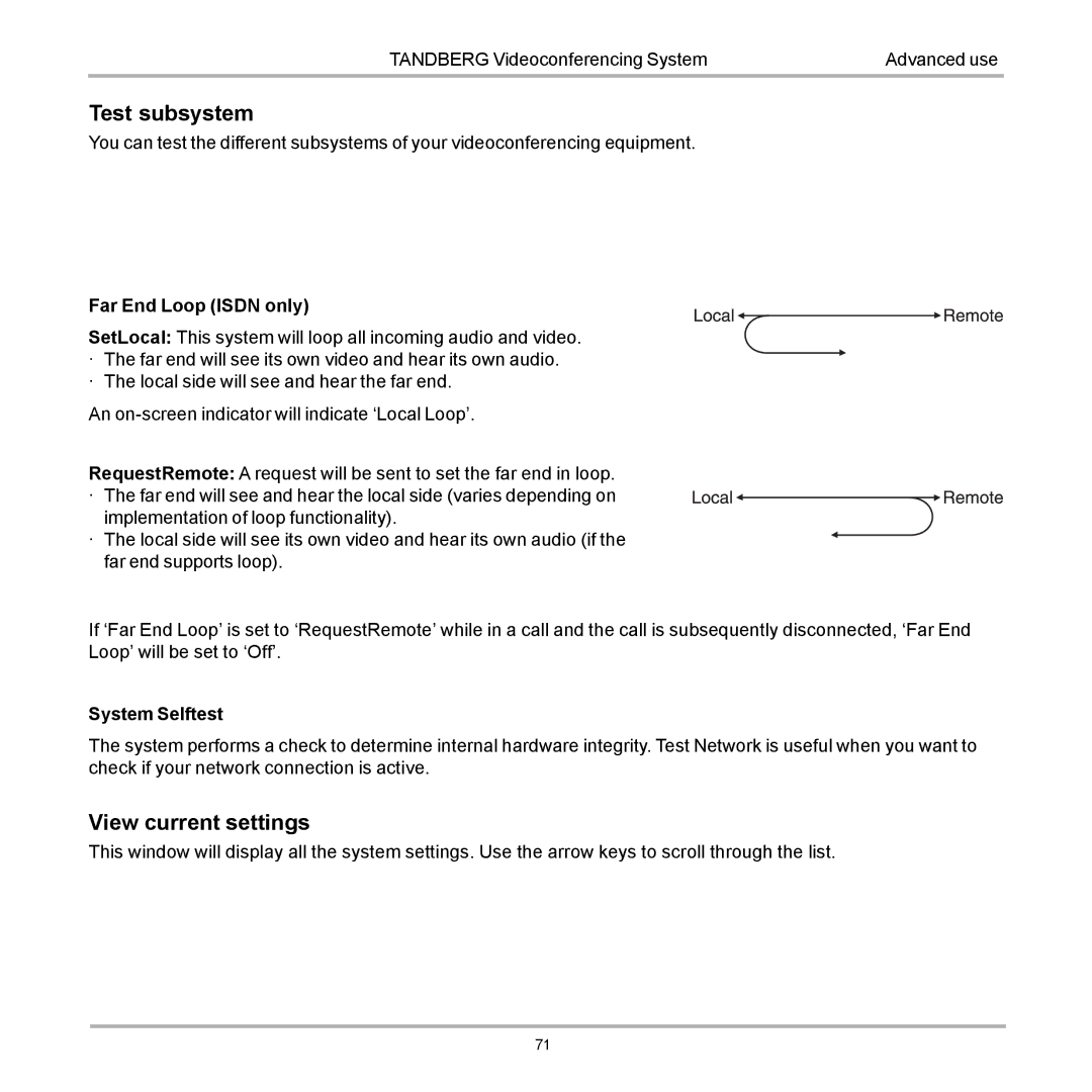 TANDBERG D12817-05 user manual Test subsystem, View current settings 