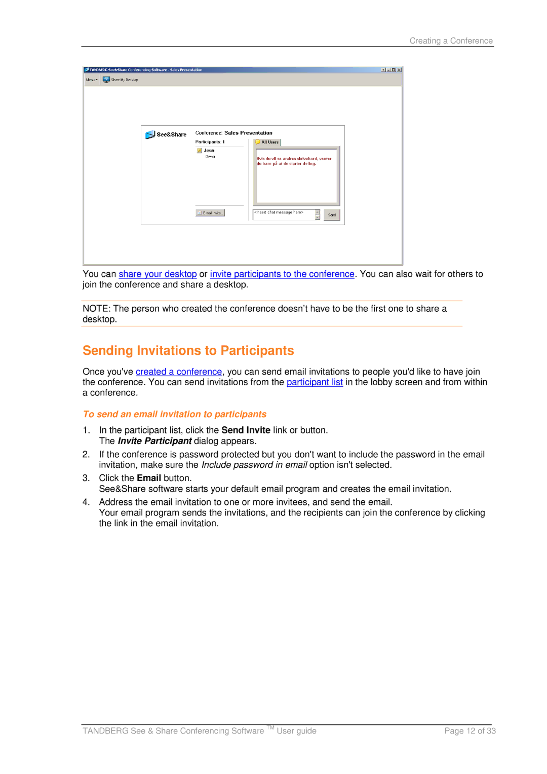 TANDBERG D13166 05 manual Sending Invitations to Participants, To send an email invitation to participants 