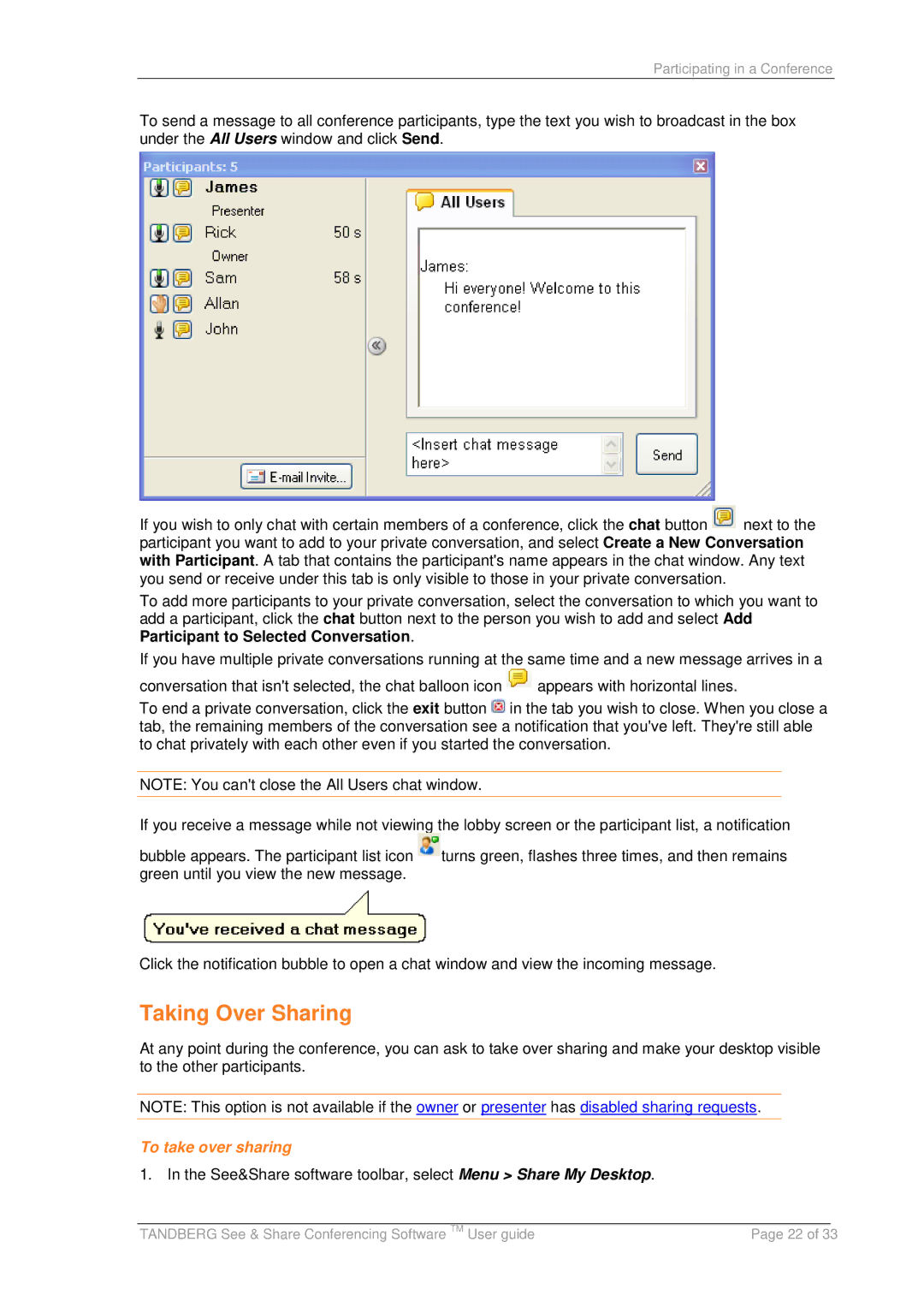 TANDBERG D13166 05 manual Taking Over Sharing, To take over sharing 