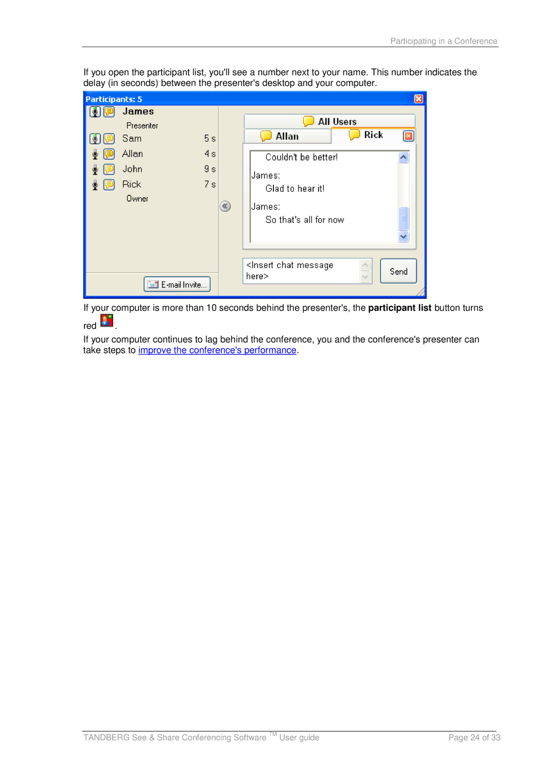 TANDBERG D13166 05 manual Participating in a Conference 