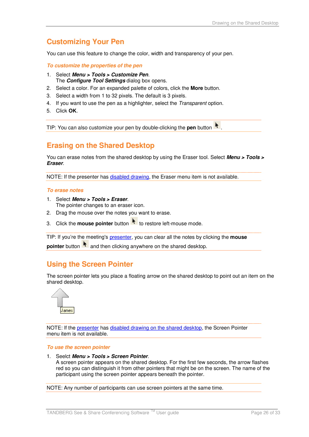 TANDBERG D13166 05 manual Customizing Your Pen, Erasing on the Shared Desktop, Using the Screen Pointer 