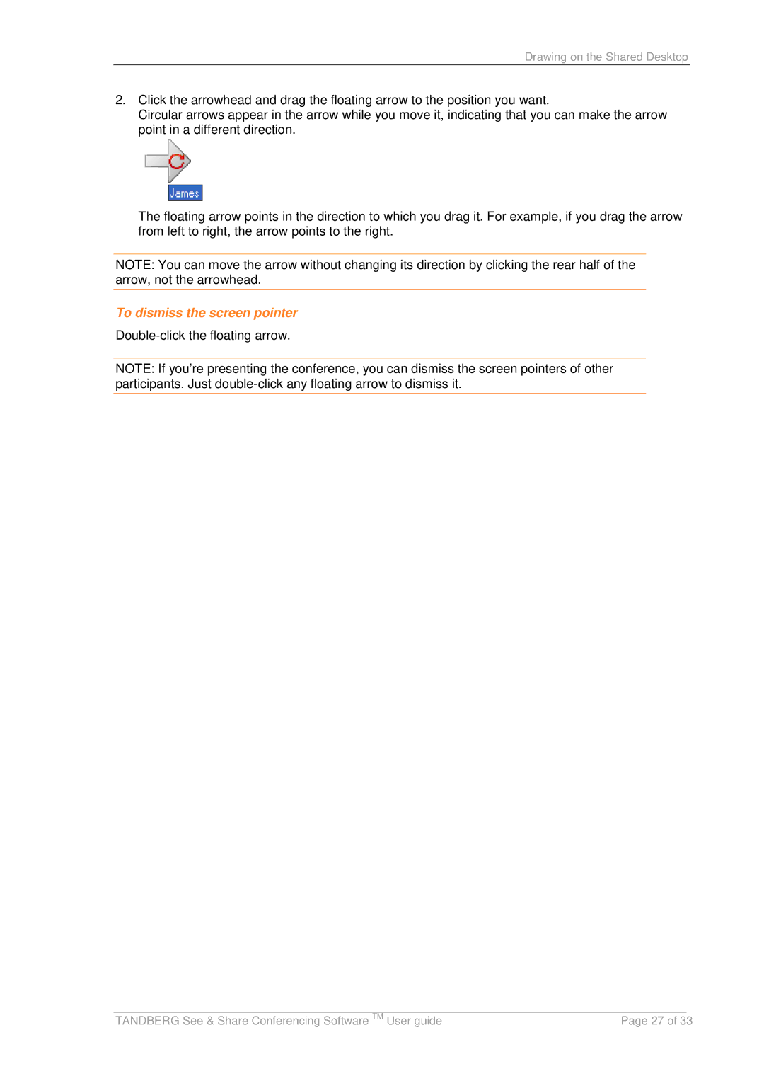 TANDBERG D13166 05 manual To dismiss the screen pointer, Double-click the floating arrow 