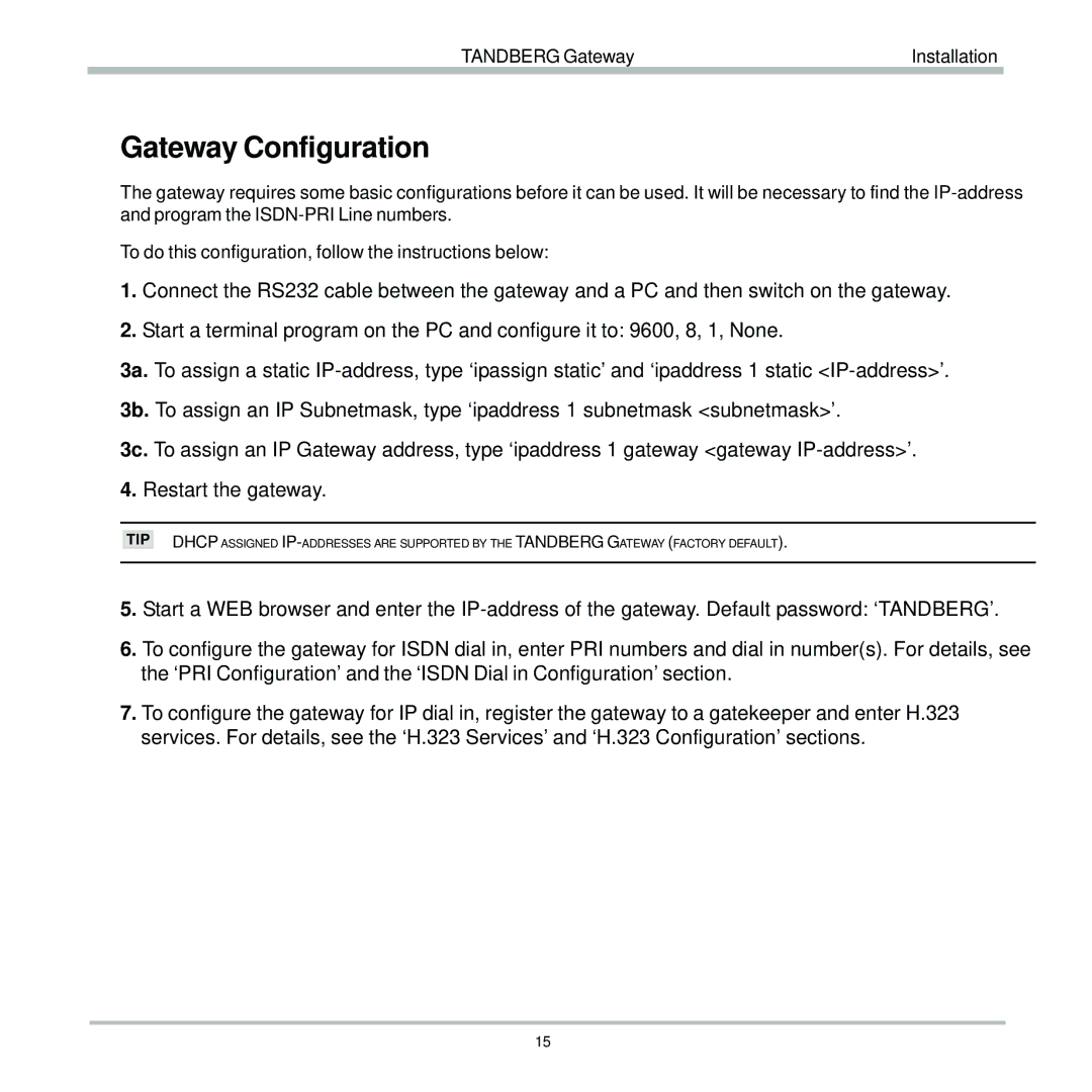 TANDBERG D13187-03 user manual Gateway Configuration 