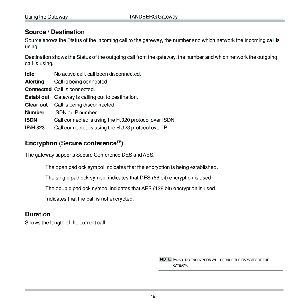 TANDBERG D13187-03 user manual Source / Destination, Encryption Secure conferenceTF, Duration 