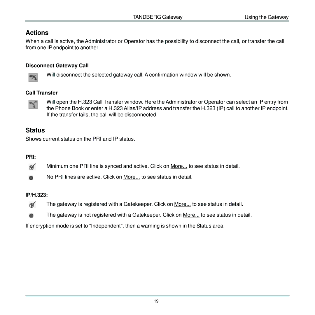 TANDBERG D13187-03 user manual Actions, Status, Disconnect Gateway Call, Call Transfer, IP/H.323 