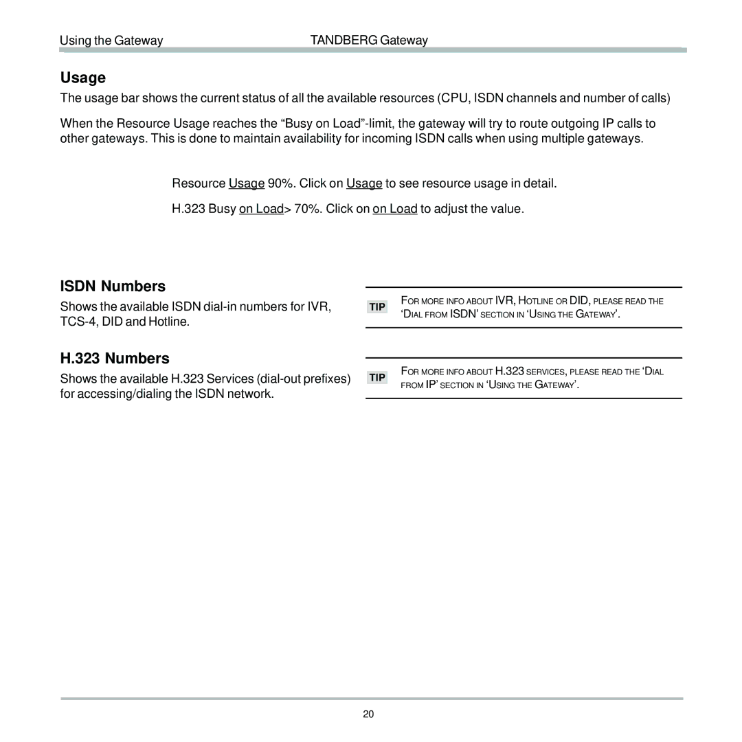 TANDBERG D13187-03 user manual Usage, Isdn Numbers 